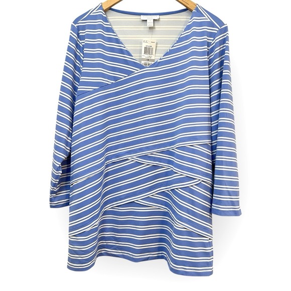 NEW Charter Club Women Plus 1X Blue White Stripe 3/4 Sleeve Top Lagenlook Active - Picture 1 of 5
